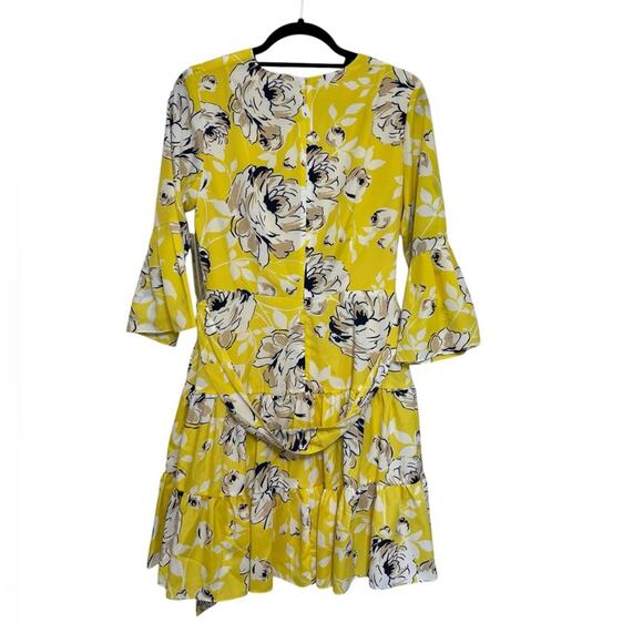 NWT Eliza J Faux Wrap Chiffon Mini Flounce Dress in Yellow Floral - Size 8 - Picture 3 of 9